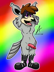 ahe_gao anthro avian beak bird clothing digital_media_(artwork) erection feathers footwear footwear_only genitals gordy_owl hair hi_res humanoid_genitalia imnot3ponfat looking_pleasured male male_only mostly_nude open_mouth owl penis rainbow shoes shoes_only tagme