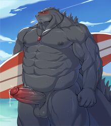 2021 anthro balls black_body black_nipples blush bodily_fluids digital_media_(artwork) disiwjd drooling genital_fluids genitals godzilla godzilla_(series) hi_res kaiju male male_only muscular muscular_anthro muscular_male nipples penis saliva solo surfboard toho whistle