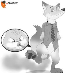 2021 angry anus ass bow_tie butt_transformation canid canine claws clothing disney fart fart_fetish featureless_crotch feet female fox hi_res judy_hopps kanada lagomorph leporid male mammal monochrome nick_wilde patreon pawpads rabbit signature smile toe_claws transformation what zootopia