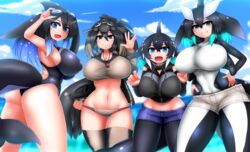 4girls animal_humanoid aqua_eyes aqua_hair arms_up big_breasts black_eyes black_hair blowhole blue_eyes blue_hair breasts claw_pose clothed competition_swimsuit cropped_hoodie daddy_pomgi day dorsal_fin drawstring eyebrows_visible_through_hair eyewear_on_head female female_only goggles goggles_on_head grey_hair hand_up hands_on_hips hoodie huge_breasts humanoid kemono_friends kemonomimi long_hair midriff multicolored_hair multiple_girls nipple_bulge oc ocean one-piece_swimsuit outdoors outside sharp_teeth short_shorts shorts sideboob smile swimming_goggles swimsuit tail tank_top teeth unzipped vest