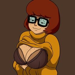 1girls accurate_art_style bedroom_eyes big_breasts bra breasts brown_hair brunette busty cleavage drpizzaboi1 female female_focus freckles glasses hanna-barbera imminent_paizuri light-skinned_female nerdy_female scooby-doo shirt_lift simple_background solo sweater_puppies velma_dinkley