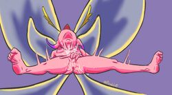 antennae blush fairy fairy_wings female female_ejaculation female_orgasm lowres masturbation orgasm paladins pink_skin pussy pussy_juice simple_background solo_female squirting willo_(paladins)