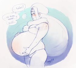 big_breasts child_bearing_hips mature_female melony_(pokemon) milf pokemon pokemon_ss pregnant ready_to_pop sapphicbump stretch_marks thick_thighs white_background white_fur white_hair