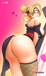 1girls ass bare_ass bare_shoulders big_ass biting_lip blonde_hair clothed dress dress_aside female female_only green_eyes highres huge_ass leaning_forward looking_at_viewer looking_back myst naruto naruto_(series) naruto_shippuden off_shoulder seductive seductive_look sideboob smile solo solo_focus temari thick_thighs thighhighs thighs twintails yhw