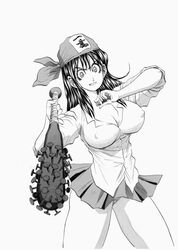 bandana baseball_bat big_breasts black_and_white button_down_shirt cleavage jk_of_・_the_・_dead long_hair looking_at_viewer mahjong mahjong_tile mika_nishihara monochrome nailed_bat nipple_bulge no_bra official_art panties school_uniform schoolgirl shinji_saijo short_skirt skirt sleeves_rolled_up smiling solo_female thick_thighs upskirt white_background