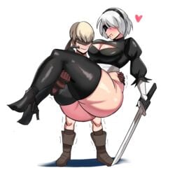 1boy 1girls ass big_ass big_breasts big_butt blindfold breasts carrying curvy_female cute gloves grey_hair heart hearts high_heel_boots huge_ass large_breasts nier nier:_automata nier_(series) plump plump_ass princess_carry short_hair silver_hair size_difference smaller_male spoken_heart thick_thighs thighhighs thighs trembling white_background wholesome wide_hips yorha_2b yorha_9s ytrall