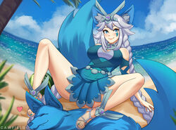 1girls animal_ears arm_support arms_behind_back beach big_breasts big_tail big_thighs blue_eyes blue_skirt blush braid braided_hair braided_twintails canine cawfield cleavage cleavage_cutout closed_mouth clothed clothing clouds dog_ears eyebrows feet female female_focus female_only flustered full_body fully_clothed goddess grey_hair hair hair_ornament hair_over_breasts heart huge_tail io_(paladins) legs legs_apart legs_held_open legs_up lips long_hair looking_away luna_(paladins) ocean on_ground paladins palm_tree sandals sitting sitting_on_floor sitting_on_ground skirt sky smile smiling spread_legs spreading tail tattoo tattoo_on_face thick_thighs thighs tiara toes twintails very_long_hair watermelon