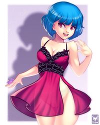 blue_hair bottomless female foxilumi partially_visible_vulva red_eyes solo