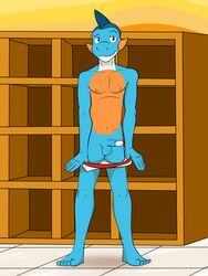 anthro anthrofied balls bath bathhouse clothed clothing erection fuze gao_(fuze) genitals hi_res humanoid_genitalia humanoid_penis looking_at_viewer male marshtomp navel nintendo nipples penis pokémon_(species) pokémorph pokemon solo topless underwear underwear_down undressing video_games