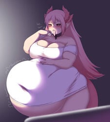 bbw cakecatboy chubby fat freya_(cakecatboy) huge_belly large_breasts pink_hair pointy_ears thick_thighs tight_clothing weight_gain