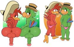 2021 2boys absurd_res anthro anus ass avian balls bird blackmore chicken clothing disney duo feathers galliform gallus_(genus) gay genitals green_body green_feathers half-closed_eyes heart hi_res jose_carioca looking_at_viewer looking_back male male_only narrowed_eyes panchito_pistoles panties parrot penis phasianid red_body red_feathers the_three_caballeros underwear yaoi