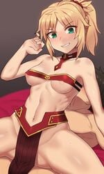 1girls areolae blonde_hair blush bottomless_loincloth breasts erect_nipples fate_(series) female green_eyes loincloth male medium_breasts mordred_(fate) mordred_(fate)_(all) nipples nt00