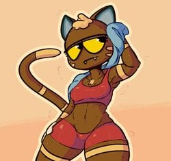 animal_crossing argylesockx barely_clothed chest_hair cute_fangs feline female female_only katt_(animal_crossing) looking_at_another nintendo simple_background small_breasts solo_female sweating tagme thick_thighs towel_on_shoulders wide_hips