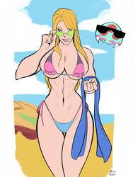 1girls abs adjusting_eyewear adjusting_glasses alternate_breast_size alternate_hairstyle athletic athletic_female baby_(metroid) beach belly_button bikini bimbo blonde_hair blue_eyes breasts curvaceous female green-tinted_eyewear gunship hair_down hourglass_figure large_breasts light-skinned_female light_skin looking_over_glasses looking_over_sunglasses metroid metroid_(creature) niconuva nintendo samus_aran seductive_eyes seductive_smile spacecraft sunglasses thick_thighs tinted_eyewear toned toned_female towel voluptuous wide_hips