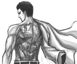 1boy back_muscles back_view belt gdaigonart geoffrey_daigon irezumi kiryu_kazuma looking_back male male_only monochrome muscular muscular_male no_color ryuu_ga_gotoku sega shirt_on_shoulders simple_background solo tattoo white_background