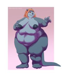 absurd_res anthro areola belly big_belly big_breasts blue_body breasts female front_view genitals hi_res huge_breasts lutrine mammal mustelid navel nipples nude obese obese_anthro obese_female overweight overweight_anthro overweight_female pussy solo squish thick_thighs whooperscooper wide_hips