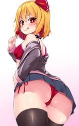 1girls ass ass_focus black_legwear blonde_hair bra collar from_behind from_below hair_ornament hand_on_hip jacket legwear lolipop looking_at_viewer looking_down open_jacket red_bra red_eyes red_panties rumia shiron_(e1na1e2lu2ne3ru3) sparkle spiked_collar sports_bra string_panties thighhighs thighs touhou