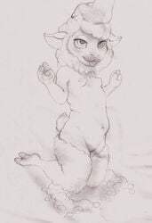 ambiguous_gender anthro bovid breasts caprine disembodied_hand duo female female_focus fuchs hand_on_head hi_res hooves kneeling looking_up mammal monochrome navel nipples nude sharla_(zootopia) sheared sheep simple_background sketch small_breasts solo_focus tongue tongue_out traditional_media_(artwork)