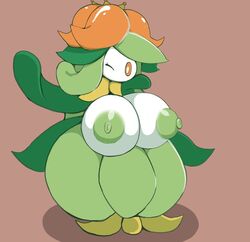 female female_only game_freak huge_breasts large_breasts lilligant looking_at_viewer nintendo petronoise pokémon_(species) pokemon simple_background solo_female tagme waving_hand wink