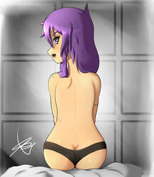 annoyed anzu_(quote-j) ass black_panties looking_at_viewer looking_back open_mouth original_character panties purple_eyes purple_hair quote-j sitting_on_bed stitches wide_hips