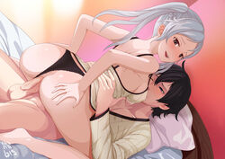 1boy 1girls anus ass bedroom big_ass black_panties brown_eyes fire_emblem fire_emblem_awakening grey_hair incest looking_back medium_breasts medium_hair morgan_(fire_emblem) morgan_(fire_emblem)_(male) mother_and_son nintendo nipple_bulge on_bed open_mouth open_smile panties panties_aside robin_(fire_emblem) robin_(fire_emblem)_(female) sex smile thanabis uncensored vaginal_penetration