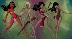 4girls a_princess_of_mars amber_eyes at_the_earth's_core barsoom black_hair blonde_hair blue_eyes brown_eyes brown_hair cavegirl club convenient_censoring dejah_thoris dian_the_beautiful duare edgar_rice_burroughs glee-chan jane_porter john_carter_of_mars loincloth long_hair medium_breasts pink_eyes princess_duare red_skin rifle sword tarzan torn_clothes