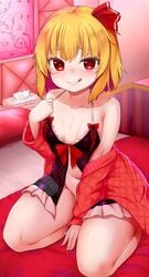 1girls babydoll blonde_hair collarbone hair_ornament jacket licking_lips looking_at_viewer no_panties on_bed open_jacket red_eyes revealing_clothes rumia shiron_(e1na1e2lu2ne3ru3) short_hair sitting sitting_on_bed sweat thighs touhou