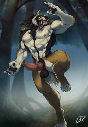 abs absurd_res action_pose animal_genitalia animal_penis anthro balls black_pawpads body_hair brown_body brown_fur canid canine canine_penis claws digitigrade erection fangs fog forest fur genitals happy_trail hi_res knot male male_only mammal muscular muscular_anthro muscular_male neck_tuft night nude on_one_leg open_mouth pawpads penis phinnherz plant pose sharp_teeth sheath solo standing tan_body tan_fur teeth tree tuft vein veiny_penis were werecanid werecanine werewolf white_body white_fur yellow_eyes