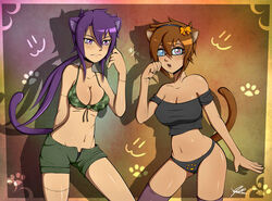 anzu_(quote-j) big_breasts bikini_top bow brown_hair camo_print canna_(quote-j) cat_ears cat_tail catgirl cleavage duo glasses hairband heterochromia knees_up looking_at_viewer medium_breasts original_characters panties purple_eyes purple_hair quote-j shorts stitches thighhighs