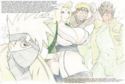 1girls 3boys big_breasts black_eyes black_hair blonde_hair brown_eyes bulge busty cleavage comic cuckold doujin doujinshi english_text erect_nipples erect_nipples_under_clothes female forehead_jewel forehead_mark forehead_protector grey_hair hatake_kakashi headband human jacket kdstudiosuk large_breasts male mask mature mature_female might_guy milf multiple_boys naruto naruto_(series) naruto_shippuden netorare nipple_bulge nipples nipples_visible_through_clothing ntr one_eye_covered pose posing spiky_hair standing story text tsunade uzumaki_naruto whisker_markings whiskers wide_hips yellow_hair