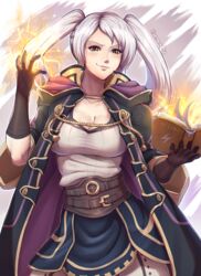 1girls belt breasts camisole cleavage electricity evomanaphy female female_focus female_only fire_emblem fire_emblem_awakening gloves hood_down large_breasts magic nipple_bulge open_clothes robe robin_(fire_emblem) robin_(fire_emblem)_(female) smirk tome twintails white_hair yellow_eyes