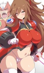 1girls absurd_res android anime_style big_breasts blush breasts brown_hair clothed female female_only hi_res iris_(mega_man) iris_-another-_(mega_man) konno_tohiro long_hair mega_man mega_man_x_dive panties reploid robot robot_girl smirk solo solo_female thighhighs thong underwear white_background wide_hips zero_(mega_man)