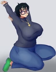 1girls alternate_breast_size ass big_ass big_breasts black_hair blush breasts cross_necklace curvy female female_focus female_only glasses huge_breasts human hunter_x_hunter igdel large_breasts nipple_bulge nipples pale-skinned_female pale_skin phantom_troupe shizuku_murasaki short_hair shounen_jump thick_thighs thighs tight_clothing villainess voluptuous wide_hips