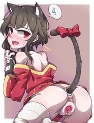 1girls anal anal_object_insertion anal_training animal_ears anus bent_over brown_hair buttplug buttplug_tail cat_ears cute eko. female kono_subarashii_sekai_ni_shukufuku_wo! looking_at_viewer looking_back megumin open_mouth rear_view red_eyes sex_toy small_ass solo_female spread_anus spread_legs tail thighs uncensored vagina