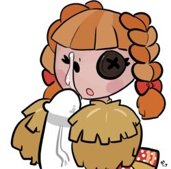 2017 animate_inanimate blush blush_stickers bodily_fluids brown_hair button_eyes cheerleader cum cum_on_face doll duo female genital_fluids genitals hair lalaloopsy living_doll living_plushie male male/female mt_(artist) not_furry one_eye_closed open_mouth penis peppy_pom_poms plushie pom_poms simple_background white_background