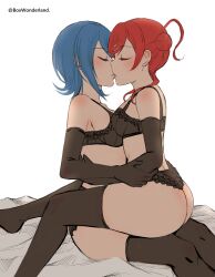 2girls angel_gabriel. ass bed before_sex big_ass black_bra black_legwear black_lingerie black_panties black_thighhighs blue_hair blush box_wonderland bra breasts closed_eyes clothing couple curvy elbow_gloves female female_only gloves imminent_sex kissing legwear lesbian_kiss lesbian_sex lingerie love love_live! love_live!_superstar!! making_out matching_underwear medium_breasts multiple_girls panties red_hair romantic short_hair sitting sitting_on_lap spread_legs thigh_highs thighhighs wakana_shiki wholesome yoneme_mei yuri