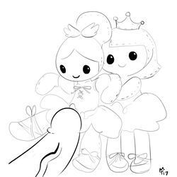 animate_inanimate anthro black_eyes clothing crown doll dress duo female genitals hi_res holding_another living_doll male male/female mt_(artist) not_furry penis simple_background sketch smile white_background