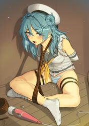 1girls absurdres arms_behind_back blue_eyes blue_hair bondage bound bound_legs breasts double_bun dripping elbow_gloves female female_only gloves hat helpless highres hitachi_magic_wand kaddo kantai_collection looking_at_viewer medium_breasts neckerchief panties pussy_juice pussy_juice_puddle rope rope_bondage sailor_hat school_uniform serafuku sex_toy sitting sleeves_rolled_up solo striped striped_panties tied_up underwear urakaze_(kantai_collection) vibrator white_gloves white_headwear yellow_neckwear