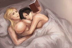 2girls aivelin attack_on_titan bed bed_sheet blonde_hair book breasts cuddling erwin_smith female female/female female_only genderswap_(mtf) head_on_breasts head_on_pillow huge_breasts levi levi_ackerman lying_on_bed multiple_girls nipples nude nude_female rule_63 shingeki_no_kyojin short_hair wholesome yuri