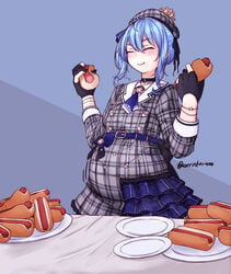 big_belly chubby hololive hololive_gen_0 hololive_japan hoshimachi_suisei hot_dog obese orristerioso plate virtual_youtuber weight_gain