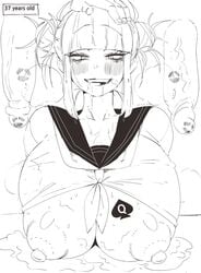 1girls 2boys aged_up ambiguous_fluids black_and_white coffing_(artist) cum cum_in_mouth cum_on_breasts cum_on_face disembodied_penis exposed_breasts hand_on_head himiko_toga messy_hair my_hero_academia panting queen_of_spades school_uniform sketch spade text