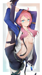 ahoge areola_slip areolae arknights belly biting_lip blue_eyes blue_poison_(arknights) blush breasts cameltoe female highres holding_leg hoodie legs legwear long_hair looking_at_viewer medium_breasts navel nipples one_leg_up open_clothes open_shirt pink_hair shirt shoes shorts solo_female stockings stretching suspenders thighhighs thighs tied_hair vertical_splits wangzili_shitoumen