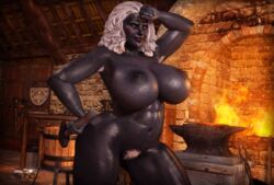 1girls 3d abs armpit_hair big_ass big_breasts blacksmith blush completely_nude dark-skinned_female dark_skin drow female female_only forge_(hearth) freckles hairy lythrana_amberweave milf muscular_female nude nude_female original original_character pubic_hair rasmus-the-owl realistic solo solo_female stretch_marks sweat tattoo thick_thighs white_hair wide_hips yellow_eyes