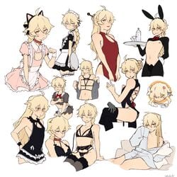 1boy aether_(genshin_impact) arched_back bangs bell_collar blonde_hair bowtie braid braided_hair braided_ponytail bunny_ears bunnysuit cat_ears chinese_clothes chinese_dress coffeefoxart collar crossdressing earrings femboy feminization garters genshin_impact girly gold_eyes hair_bun hair_stick knife leash lingerie long_hair maid_uniform male_only nervous nipples robe sleepy stockings tagme thighs twink uncomfortable