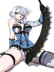 1futa bandage braid breasts bulge clothing flower futanari intersex kaine_(nier) looking_at_viewer lordguyis nier nier_(series) nier_replicant sword underboob white_background white_hair