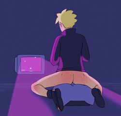 1boy animated ass blonde_hair boots boruto:_naruto_next_generations bottomless bouncing_ass clothed clothing feet femboy jacket kneeling legs light-skinned_male light_skin male male_focus male_only mbyak naruto naruto_(series) no_panties on_knees open_toe_shoes partially_clothed petite small_ass soles solo solo_focus solo_male television thighs toes tv twink uzumaki_boruto video_games whisker_markings whiskers yellow_hair