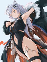 1girls animal_ear_fluff animal_ears arknights blue_eyes blush clothing coat eyyy fur_coat hair_ornament lappland_(arknights) light-skinned_female light_skin long_hair looking_at_viewer medium_breasts necklace one_piece_swimsuit oripathy_lesion_(arknights) scar_across_eye silver_hair smile tooth_necklace voluptuous wolf wolf_ears wolf_girl