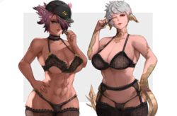 2girls abs au_ra baseball_cap black_hair blue_eyes bra cat_ears cat_tail catgirl eyeliner eyeshadow final_fantasy final_fantasy_xiv hair_over_one_eye hat horns large_breasts lingerie lipstick looking_at_viewer maika_fuyusami makeup miqo'te multicolored_hair multiple_girls muscular muscular_female panties pink_hair raen red_eyes scales stockings tail ttmizu1 white_hair zephyr_winds