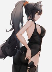 1girls animal_ears arknights big_breasts black_dress black_hair blank_background butt cat_ears collar curvy dress eyyy female gun gun_holster long_hair mostly_nude no_panties ponytail schwarz_(arknights) simple_background solo solo_female tight_clothing very_long_hair yellow_eyes