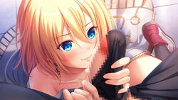 bangs black_legwear blonde_hair blue_eyes censored character_request closed_mouth collarbone deep_one_kyomu_to_mugen_no_fragment earrings eyebrows_visible_through_hair female from_above game_cg hair_between_eyes jewelry mosaic_censoring official_art penis pov shoes smile sneakers